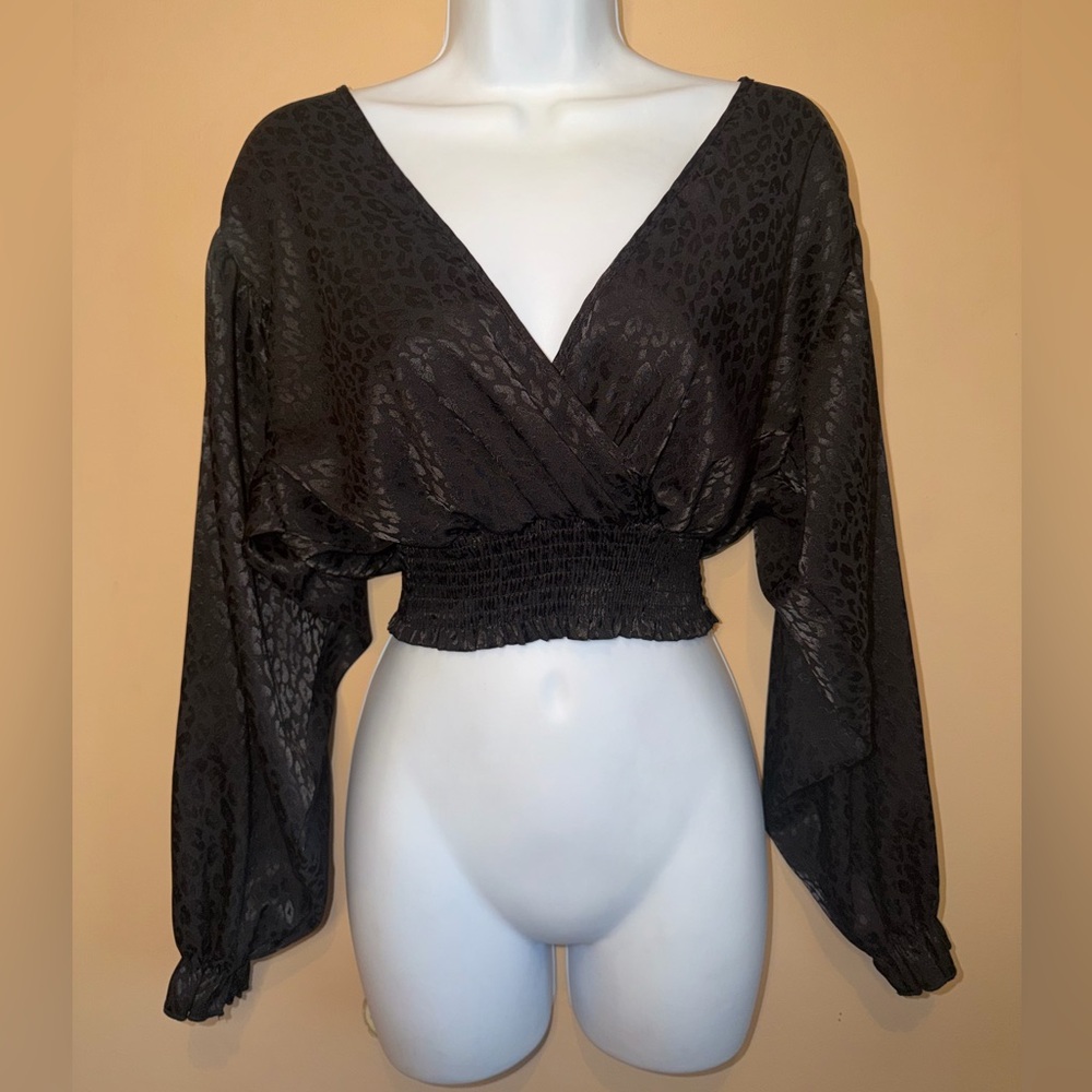 Altar’d State Women’s Black Deep V Leopard Print Gingham Blouse